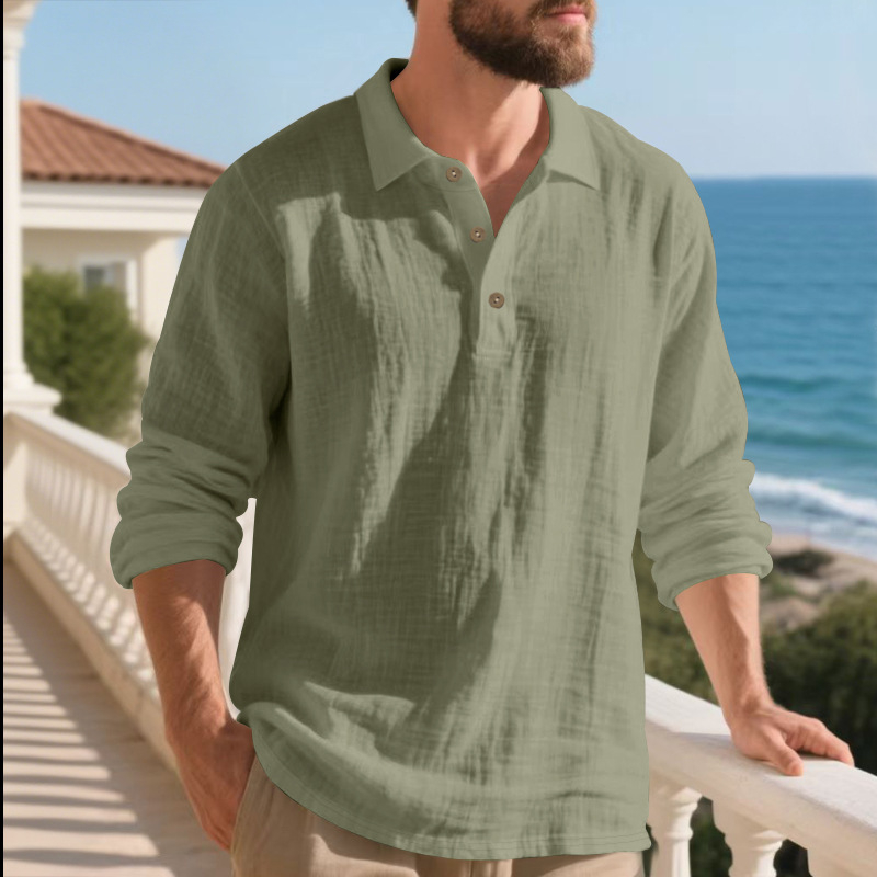 Crossborder Amazon őszi amerikai stílusú vászon póló hosszú ujjú bő szabású lehajtott gallérral gombos hétköznapi üzleti férfi póló