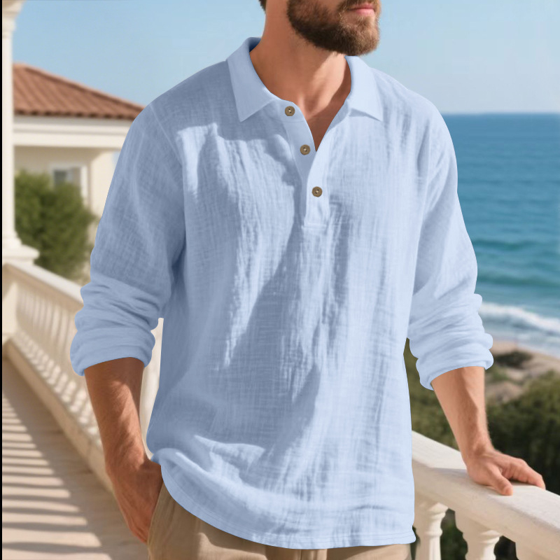 Crossborder Amazon őszi amerikai stílusú vászon póló hosszú ujjú bő szabású lehajtott gallérral gombos hétköznapi üzleti férfi póló