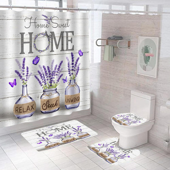 Σετ 4 τεμαχίων μωβ λεβάντα κουρτίνα μπάνιου Home Sweet απορροφητικό χαλάκι μπάνιου κάλυμμα τουαλέτας χαλάκι σε σχήμα U για πόδια