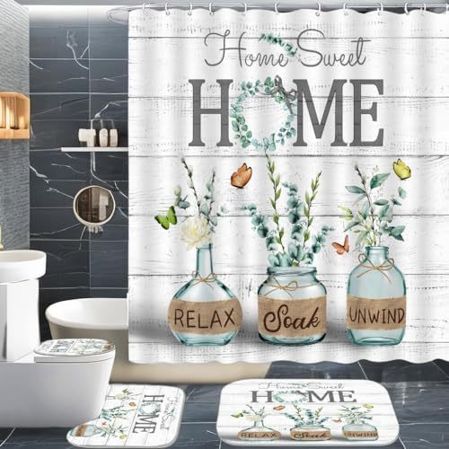 4 darabos lila levendula zuhanyfüggöny szett, otthonra, édes fürdőszobába, nedvszívó fürdőszőnyeg, WC-huzat, szőnyeg, U alakú lábtörlő