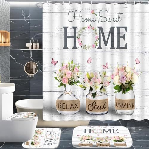 4 darabos lila levendula zuhanyfüggöny szett, otthonra, édes fürdőszobába, nedvszívó fürdőszőnyeg, WC-huzat, szőnyeg, U alakú lábtörlő