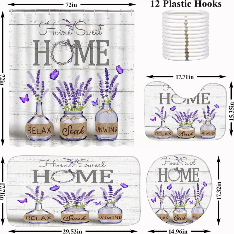 4 darabos lila levendula zuhanyfüggöny szett, otthonra, édes fürdőszobába, nedvszívó fürdőszőnyeg, WC-huzat, szőnyeg, U alakú lábtörlő