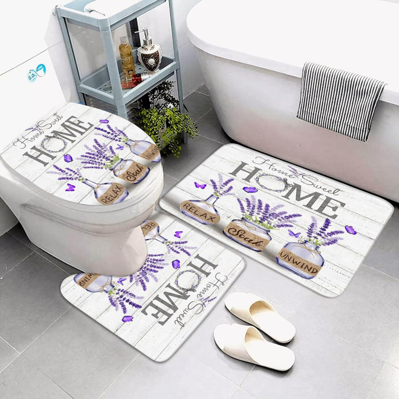 4 darabos lila levendula zuhanyfüggöny szett, otthonra, édes fürdőszobába, nedvszívó fürdőszőnyeg, WC-huzat, szőnyeg, U alakú lábtörlő