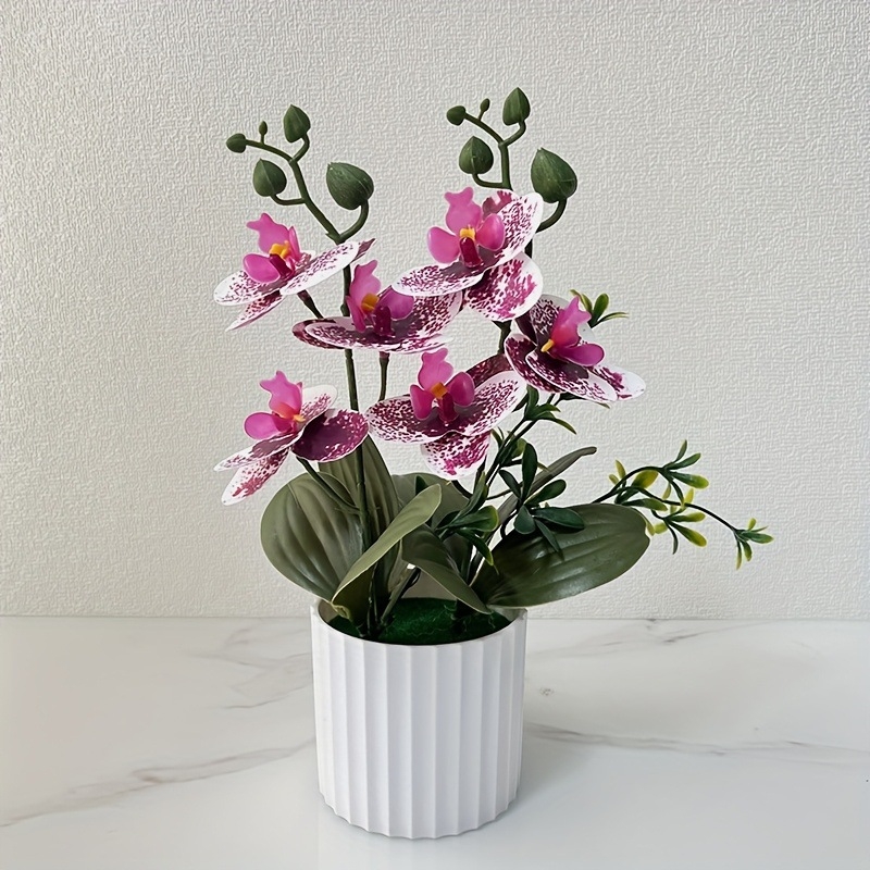 Mesterséges Phalaenopsis orchidea dupla csokrokkal, 6 virágból álló cserepes növény, valósághű zöld bonsai otthoni fotózáshoz és jelenetrendezéshez