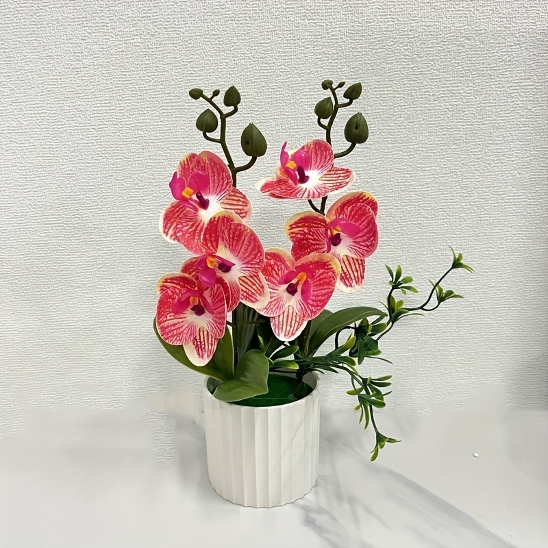 Mesterséges Phalaenopsis orchidea dupla csokrokkal, 6 virágból álló cserepes növény, valósághű zöld bonsai otthoni fotózáshoz és jelenetrendezéshez