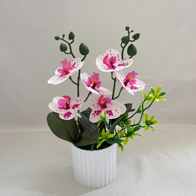 Mesterséges Phalaenopsis orchidea dupla csokrokkal, 6 virágból álló cserepes növény, valósághű zöld bonsai otthoni fotózáshoz és jelenetrendezéshez