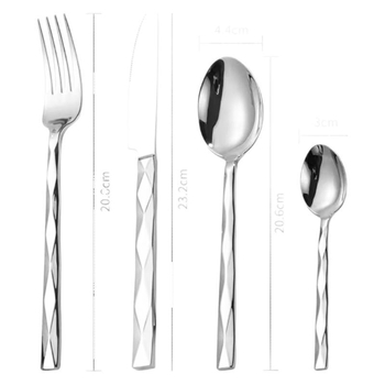Deimantinis peilis ir šakutė, šaukštas, aukščiausios klasės viešbučio restorano stalo reikmenys, deimantinis šaukštas, šakutės formos, kaltas peilis ir šakutė, kubinis desertinis šaukštas