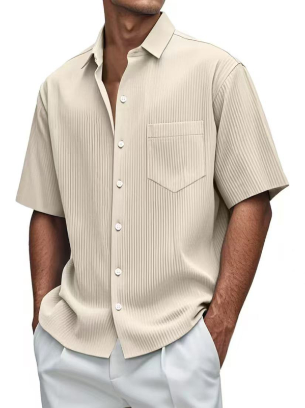 2025-ös európai és amerikai határokon átnyúló új Amazon férfi egyszínű, laza és kényelmes, mindenhez illő, függőleges csíkos, rövid ujjú, gombos béléssel.