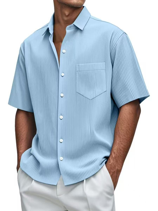 2025-ös európai és amerikai határokon átnyúló új Amazon férfi egyszínű, laza és kényelmes, mindenhez illő, függőleges csíkos, rövid ujjú, gombos béléssel.