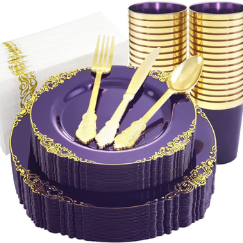 Vienkartinė vakarienės lėkštė su drakono raštu, permatoma violetinė aukso spalvos kraštu, reljefinė lėkštė vyno taurei, peiliui, šakutei ir šaukštui, PS, kietam plastikui, aukso spalvos, be dulkių, popierius