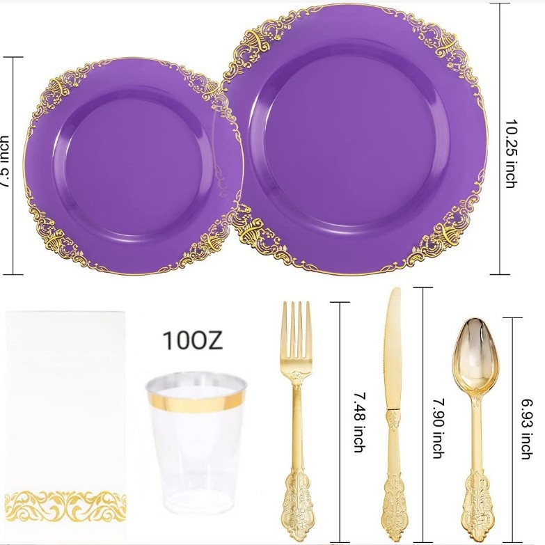 Vienkartinė vakarienės lėkštė su drakono raštu, permatoma violetinė aukso spalvos kraštu, reljefinė lėkštė vyno taurei, peiliui, šakutei ir šaukštui, PS, kietam plastikui, aukso spalvos, be dulkių, popierius