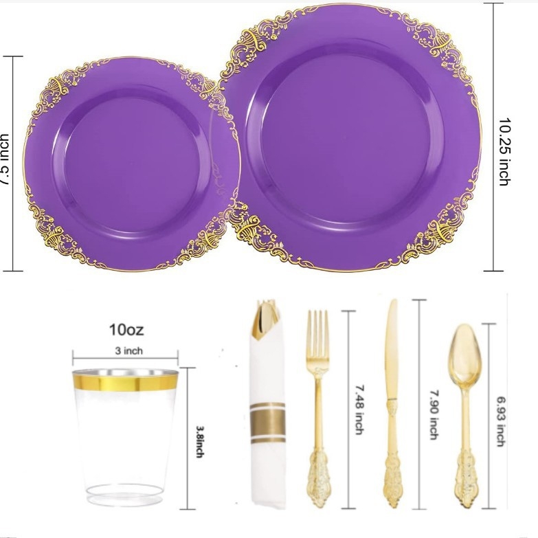Vienkartinė vakarienės lėkštė su drakono raštu, permatoma violetinė aukso spalvos kraštu, reljefinė lėkštė vyno taurei, peiliui, šakutei ir šaukštui, PS, kietam plastikui, aukso spalvos, be dulkių, popierius