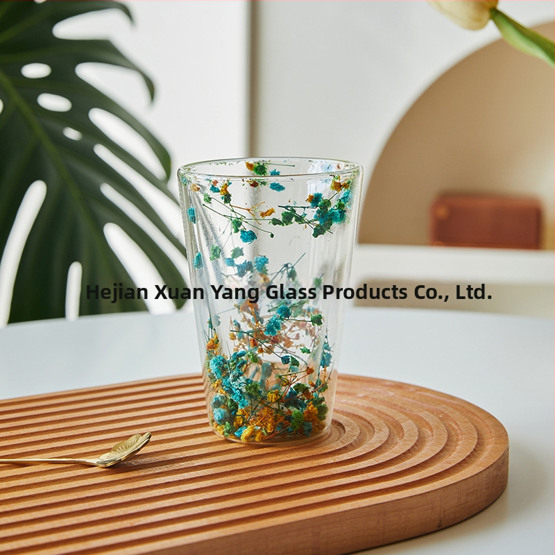 Valódi virágos kétrétegű üveg nagykereskedelmi internetes híresség lány háztartási gyümölcslé pohár magas boroszilikát hőszigetelt valódi virágos kétrétegű üveg