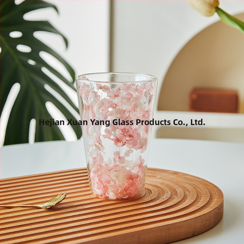 Valódi virágos kétrétegű üveg nagykereskedelmi internetes híresség lány háztartási gyümölcslé pohár magas boroszilikát hőszigetelt valódi virágos kétrétegű üveg