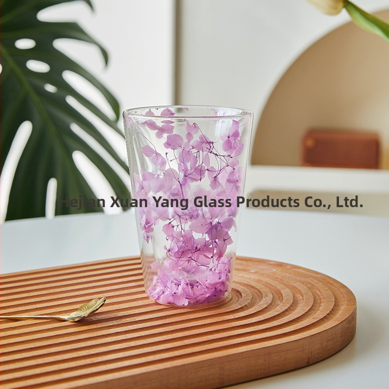 Valódi virágos kétrétegű üveg nagykereskedelmi internetes híresség lány háztartási gyümölcslé pohár magas boroszilikát hőszigetelt valódi virágos kétrétegű üveg