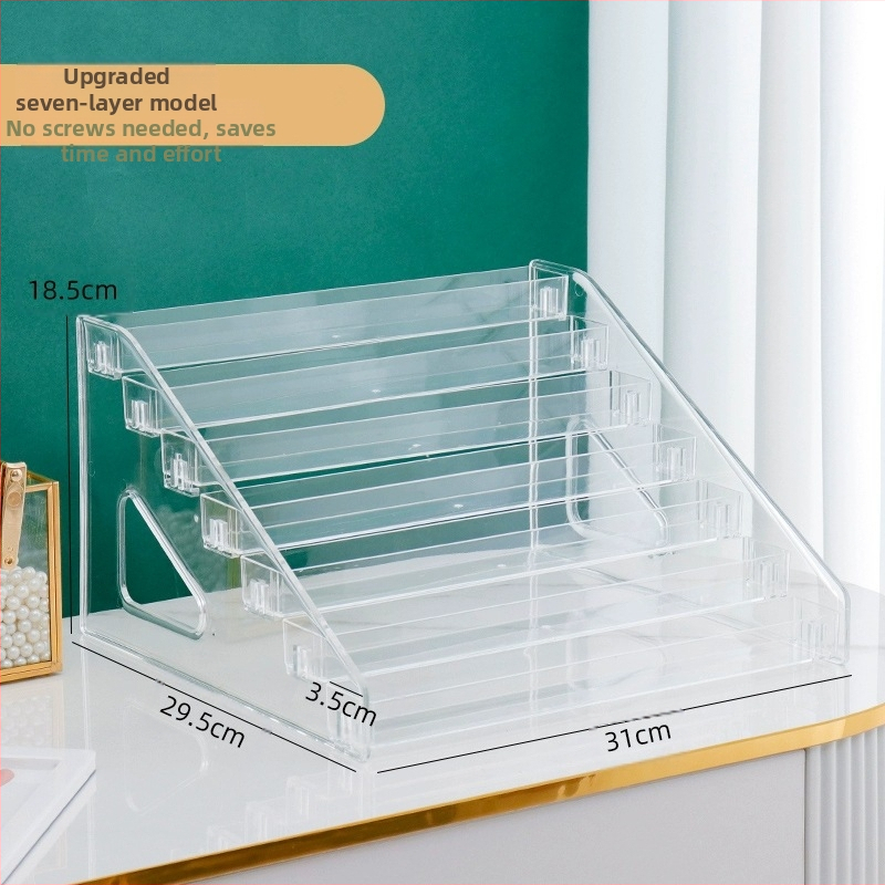 Astmeline lauvärvi taldriku hoiuriiul lauale, läbipaistev kihiline kosmeetika hoiukarp, tualettlaud, küünelakk, parfüümiriiul