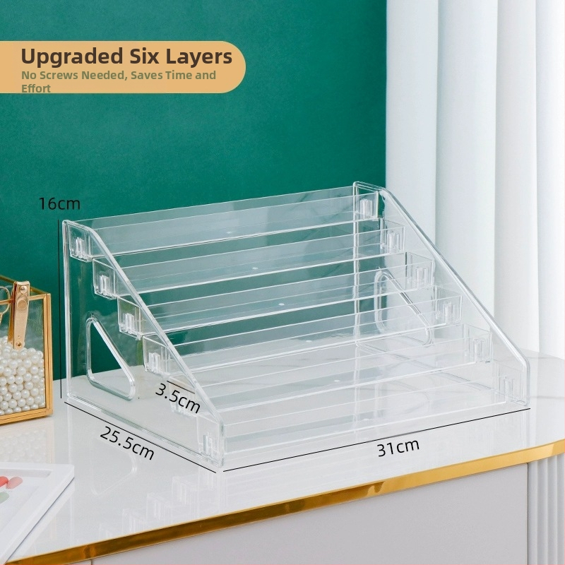 Astmeline lauvärvi taldriku hoiuriiul lauale, läbipaistev kihiline kosmeetika hoiukarp, tualettlaud, küünelakk, parfüümiriiul