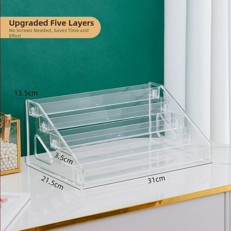 Astmeline lauvärvi taldriku hoiuriiul lauale, läbipaistev kihiline kosmeetika hoiukarp, tualettlaud, küünelakk, parfüümiriiul