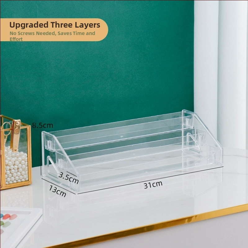 Astmeline lauvärvi taldriku hoiuriiul lauale, läbipaistev kihiline kosmeetika hoiukarp, tualettlaud, küünelakk, parfüümiriiul