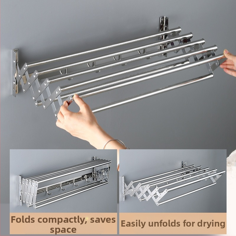 Прибираща се стойка за кърпи от неръждаема стомана без пробиване, сушилня за дрехи за балкон, разтегателна сгъваема стойка за кърпи за баня