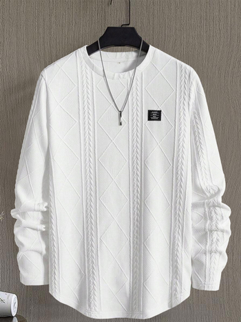 Jesenski i zimski muški pulover s kolažnim detaljima na prsima, ležerni, široki, okrugli izrez, dugi rukav, bijeli pulover