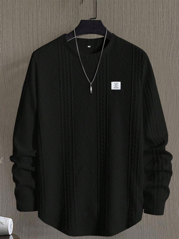 Мъжки есенно-зимен нов пуловер с колаж и детайли за гърдите, ежедневен, широк, с къс ръкав и кръгло деколте, бял