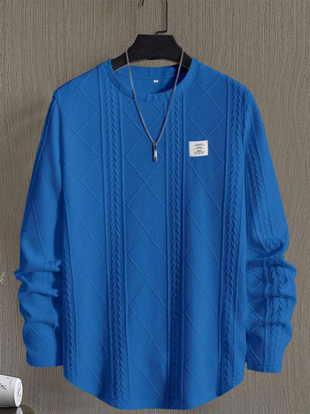 Мъжки есенно-зимен нов пуловер с колаж и детайли за гърдите, ежедневен, широк, с къс ръкав и кръгло деколте, бял