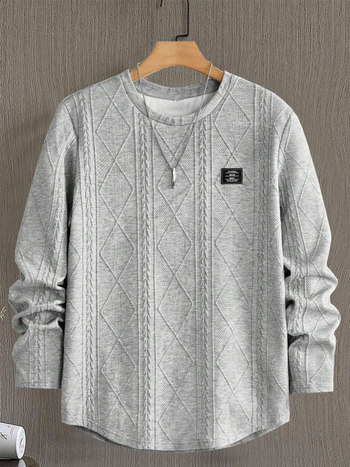 Мъжки есенно-зимен нов пуловер с колаж и детайли за гърдите, ежедневен, широк, с къс ръкав и кръгло деколте, бял