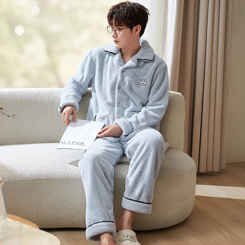 Есенно-зимна фланелена пижама за мъже, топла коралова поларена подплата с удебелена мъжка зимна горна дреха за домашен костюм