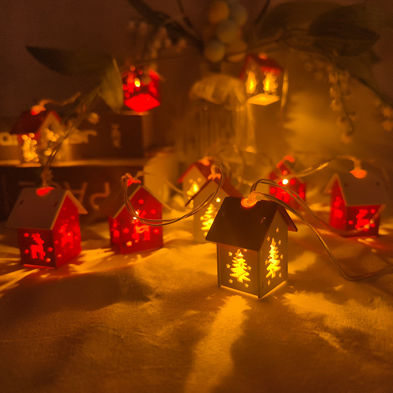 Kalėdinis medinis namelis LED šviesų girlianda Kalėdų eglutės puošmena šventinei atmosferai langų dekoravimas spalvota šviesų girlianda