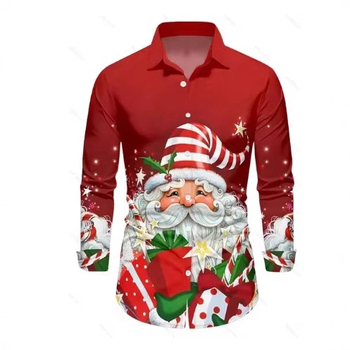 Νέο ανδρικό πουκάμισο με μακριά μανίκια για διασυνοριακούς άνδρες του 2024, 3D ψηφιακή εκτύπωση, χριστουγεννιάτικη σειρά casual πουκάμισο με πέτο