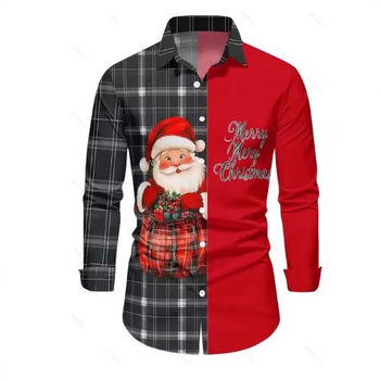 Νέο ανδρικό πουκάμισο με μακριά μανίκια για διασυνοριακούς άνδρες του 2024, 3D ψηφιακή εκτύπωση, χριστουγεννιάτικη σειρά casual πουκάμισο με πέτο