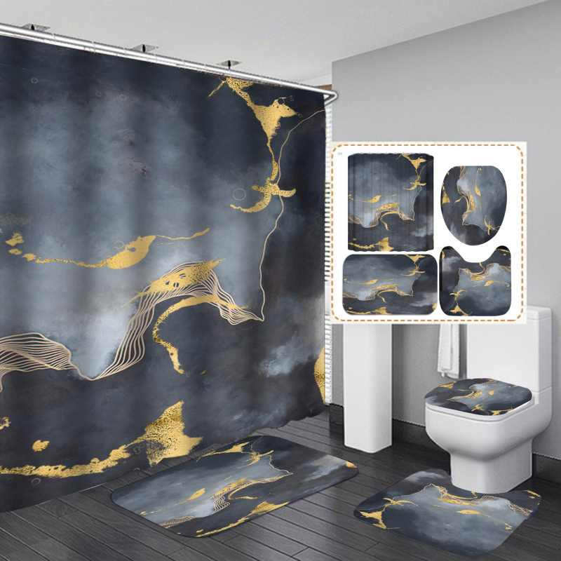 Perdea de duș cu imprimare digitală din marmură pentru comerț electronic, impermeabilă, perdea de duș, costum de baie din patru piese