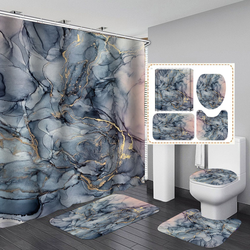 Perdea de duș cu imprimare digitală din marmură pentru comerț electronic, impermeabilă, perdea de duș, costum de baie din patru piese