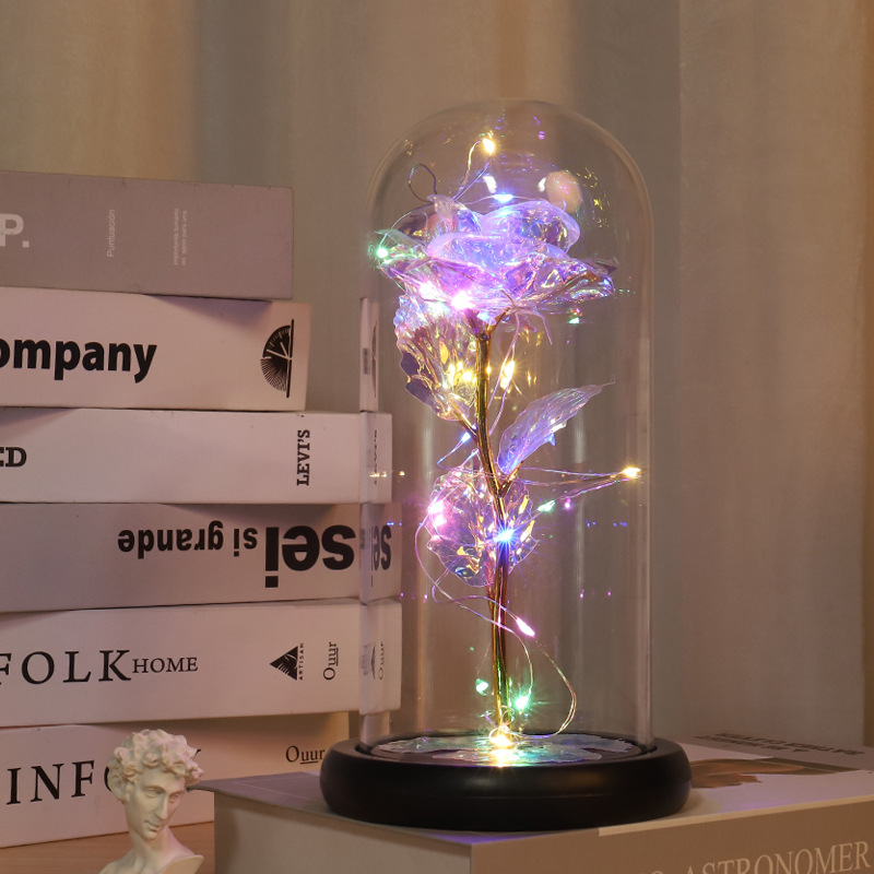 Kuldse fooliumiga säilitatud lilleklaasist kaanega roos LED-lambiga, jõulu- ja sõbrapäevakingitus piiriülese e-kaubanduse pakkumiseks