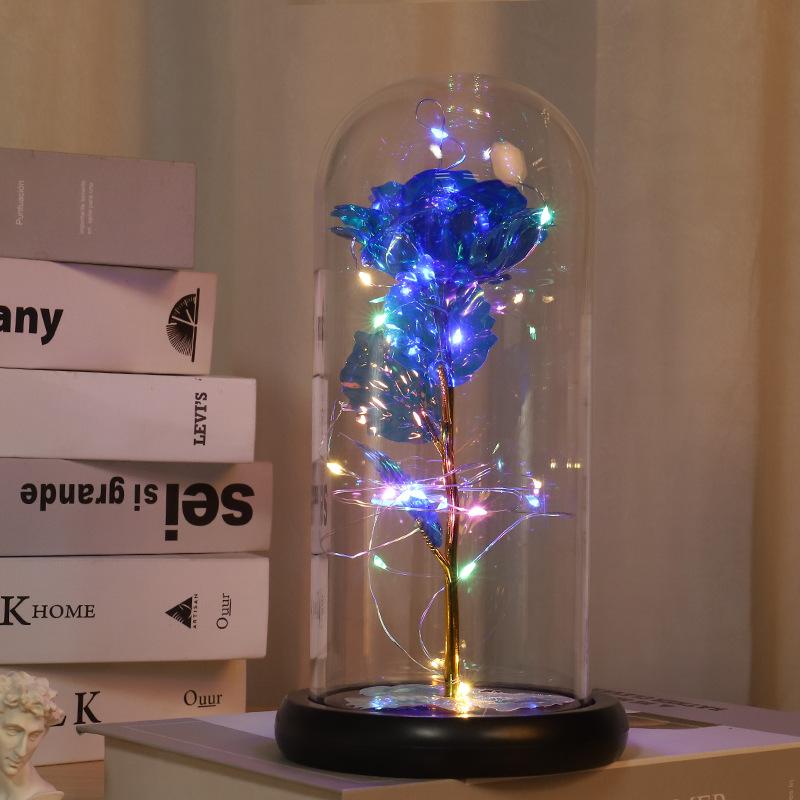 Kuldse fooliumiga säilitatud lilleklaasist kaanega roos LED-lambiga, jõulu- ja sõbrapäevakingitus piiriülese e-kaubanduse pakkumiseks