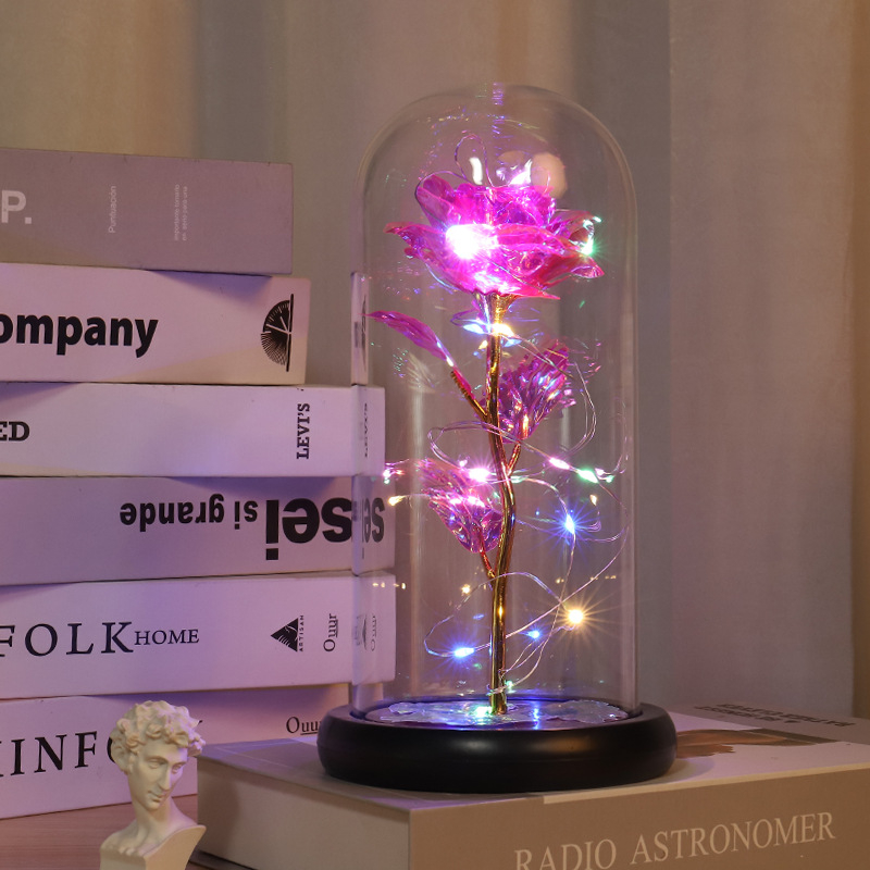 Kuldse fooliumiga säilitatud lilleklaasist kaanega roos LED-lambiga, jõulu- ja sõbrapäevakingitus piiriülese e-kaubanduse pakkumiseks