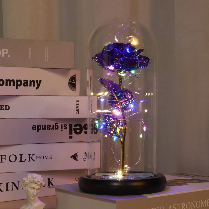 Kuldse fooliumiga säilitatud lilleklaasist kaanega roos LED-lambiga, jõulu- ja sõbrapäevakingitus piiriülese e-kaubanduse pakkumiseks