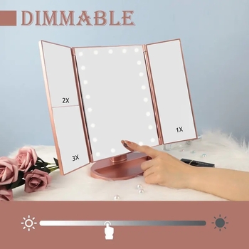 Határokon átnyúló, háromoldalas tükör 22 lámpás LED-es sminktükörrel, összecsukható, nagyítós asztali tükörrel, sminktükör kitöltő fénnyel