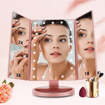 Határokon átnyúló, háromoldalas tükör 22 lámpás LED-es sminktükörrel, összecsukható, nagyítós asztali tükörrel, sminktükör kitöltő fénnyel