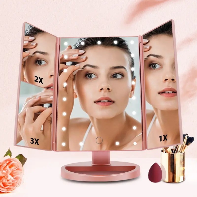 Határokon átnyúló, háromoldalas tükör 22 lámpás LED-es sminktükörrel, összecsukható, nagyítós asztali tükörrel, sminktükör kitöltő fénnyel
