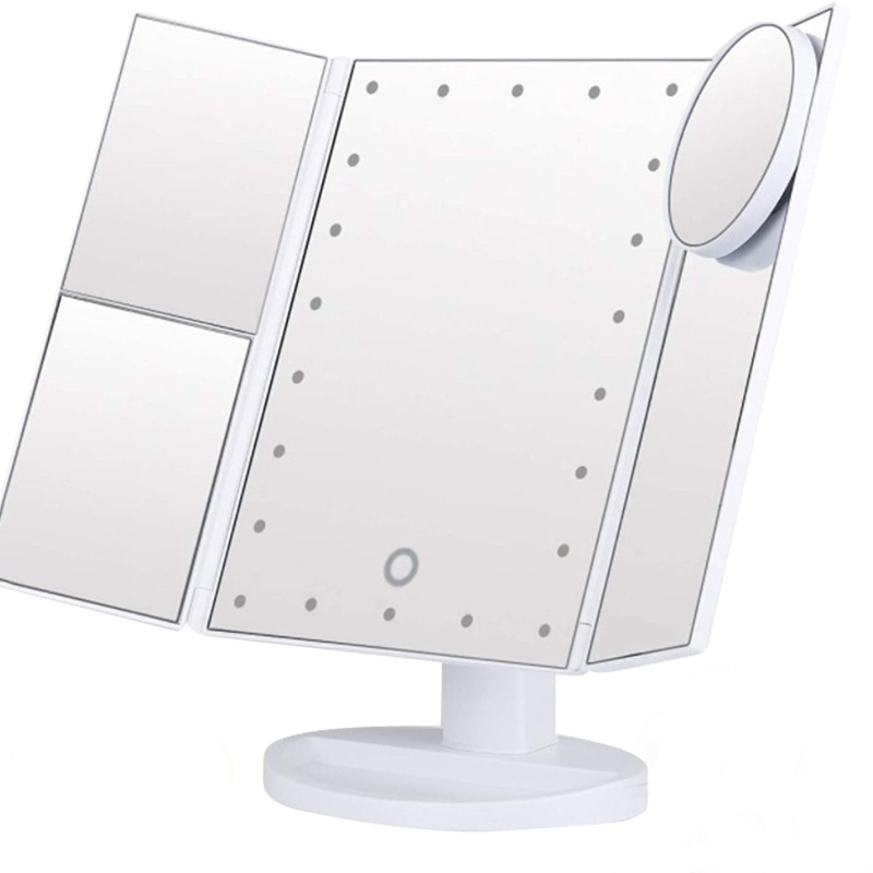 Határokon átnyúló, háromoldalas tükör 22 lámpás LED-es sminktükörrel, összecsukható, nagyítós asztali tükörrel, sminktükör kitöltő fénnyel