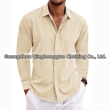 Ανδρικό λινό μακρυμάνικο μπλουζάκι με φαρδιά μπλούζα, καθαρό χρώμα, βαμβακερό και λινό πουκάμισο, μεγάλο μέγεθος, casual, ευέλικτο, μοντέρνο, επαγγελματικό ρούχο
