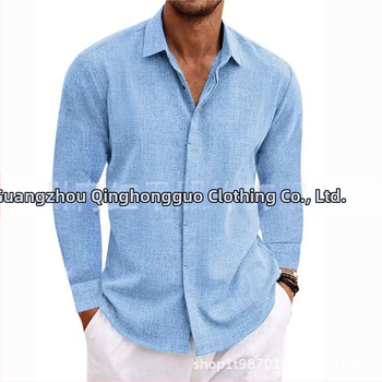 Ανδρικό λινό μακρυμάνικο μπλουζάκι με φαρδιά μπλούζα, καθαρό χρώμα, βαμβακερό και λινό πουκάμισο, μεγάλο μέγεθος, casual, ευέλικτο, μοντέρνο, επαγγελματικό ρούχο