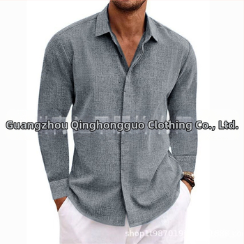 Ανδρικό λινό μακρυμάνικο μπλουζάκι με φαρδιά μπλούζα, καθαρό χρώμα, βαμβακερό και λινό πουκάμισο, μεγάλο μέγεθος, casual, ευέλικτο, μοντέρνο, επαγγελματικό ρούχο