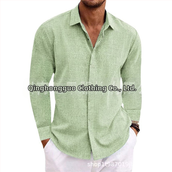 Ανδρικό λινό μακρυμάνικο μπλουζάκι με φαρδιά μπλούζα, καθαρό χρώμα, βαμβακερό και λινό πουκάμισο, μεγάλο μέγεθος, casual, ευέλικτο, μοντέρνο, επαγγελματικό ρούχο