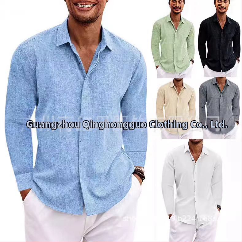 Férfi lenvászon hosszú ujjú póló, laza alsóing, tiszta színű pamut és lenvászon ing, nagy méret, lezser, sokoldalú, divatos munkaruházat