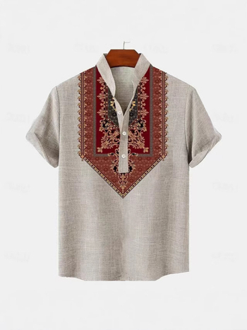 Καλοκαίρι 2025 Ζεστό σε Πωλήσεις Ρετρό Εικόνα Μόδας Εθνικό Στυλ Ανδρικό Πουκάμισο Νέο Ψηφιακό Εκτυπωμένο Κολάρο με Κοντά Μανίκια