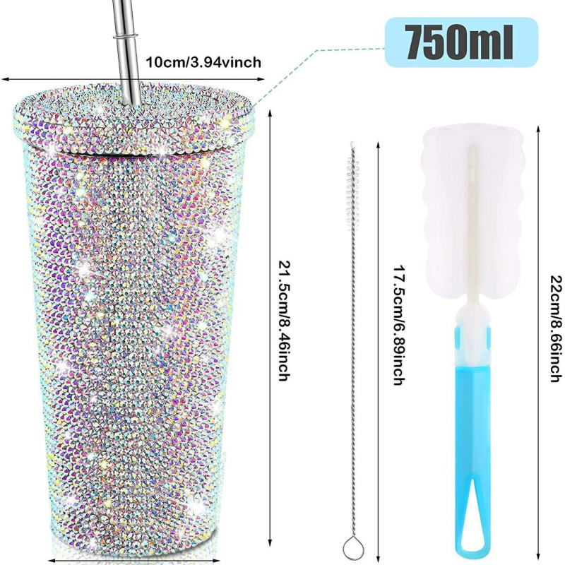 Határokon átnyúló, gyémánttal kirakott szigetelt vizespohár, kétrétegű szívószálas pohár, gyémánt italospohár, ivópohár, finom ajándékpohár, hideg pohár