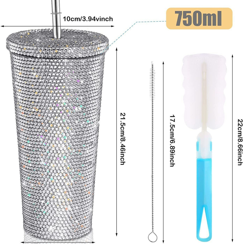 Határokon átnyúló, gyémánttal kirakott szigetelt vizespohár, kétrétegű szívószálas pohár, gyémánt italospohár, ivópohár, finom ajándékpohár, hideg pohár